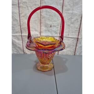 Indiana Carnival Glass Basket Red Amberina Footed Vintage 10” Iridescent & Bell